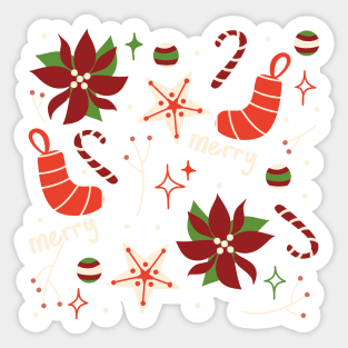 Retro Merry Christmas Vintage Aesthetic Pattern With Candy Canes, Poinsettia Flowers, Cookies, Decorations And Stars Sticker